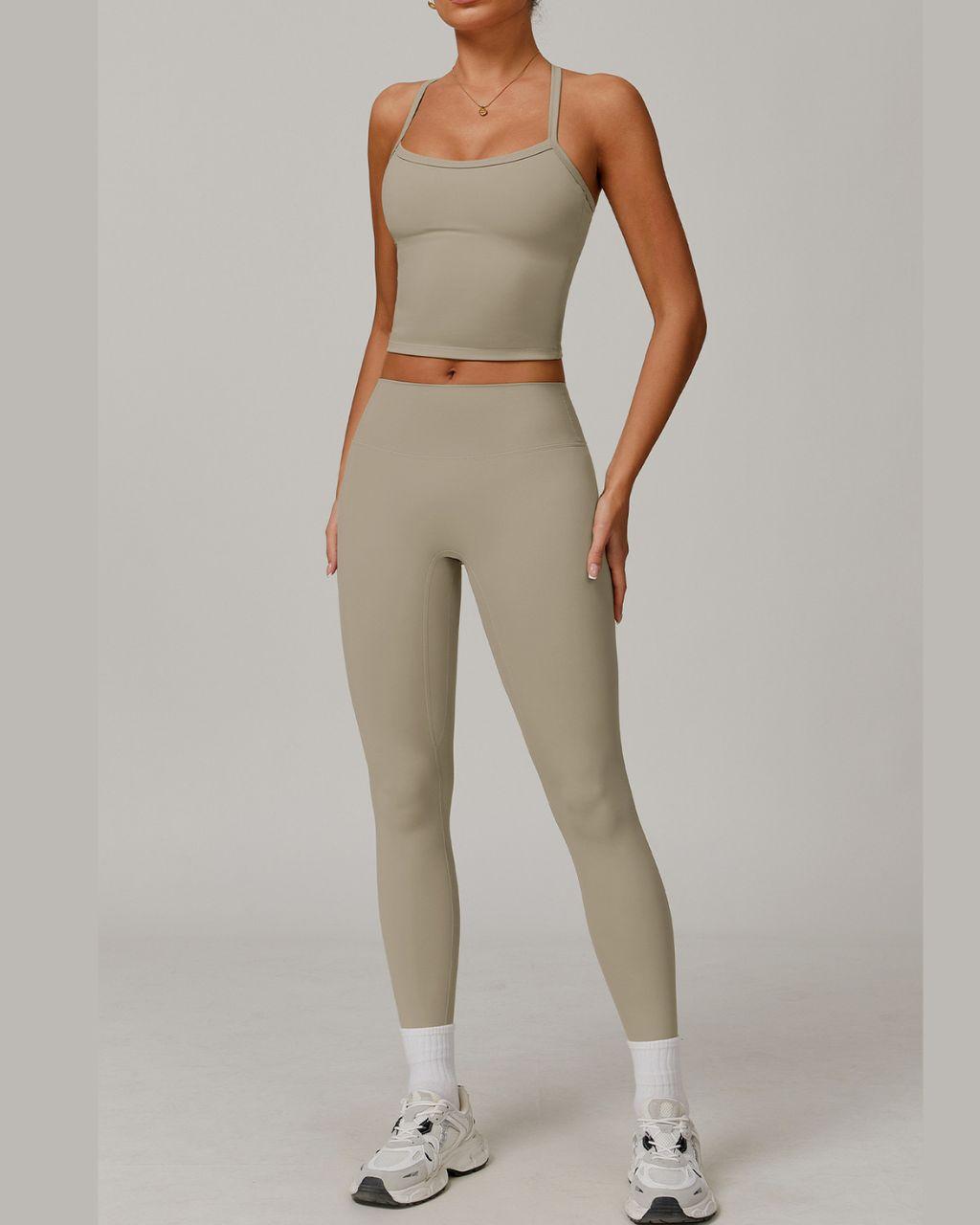 Women's Tight-Fitting Sanded Yoga Fitness Clothes Running Sports Suit (Vests + Pant) Camel