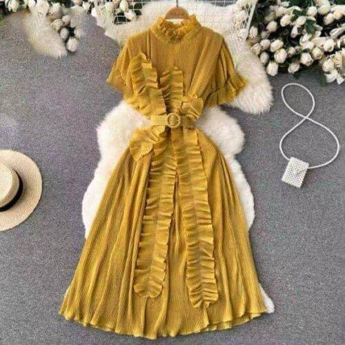 Women's Pleated Ruffle Dress with Belt