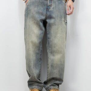Men’s Vintage-Wash Loose Fit Straight-Leg Denim Jeans