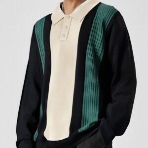 Men’s Retro-Inspired Long Sleeve Knit Polo Shirt with Vertical Color Block Stripes in Beige, Green, and Black